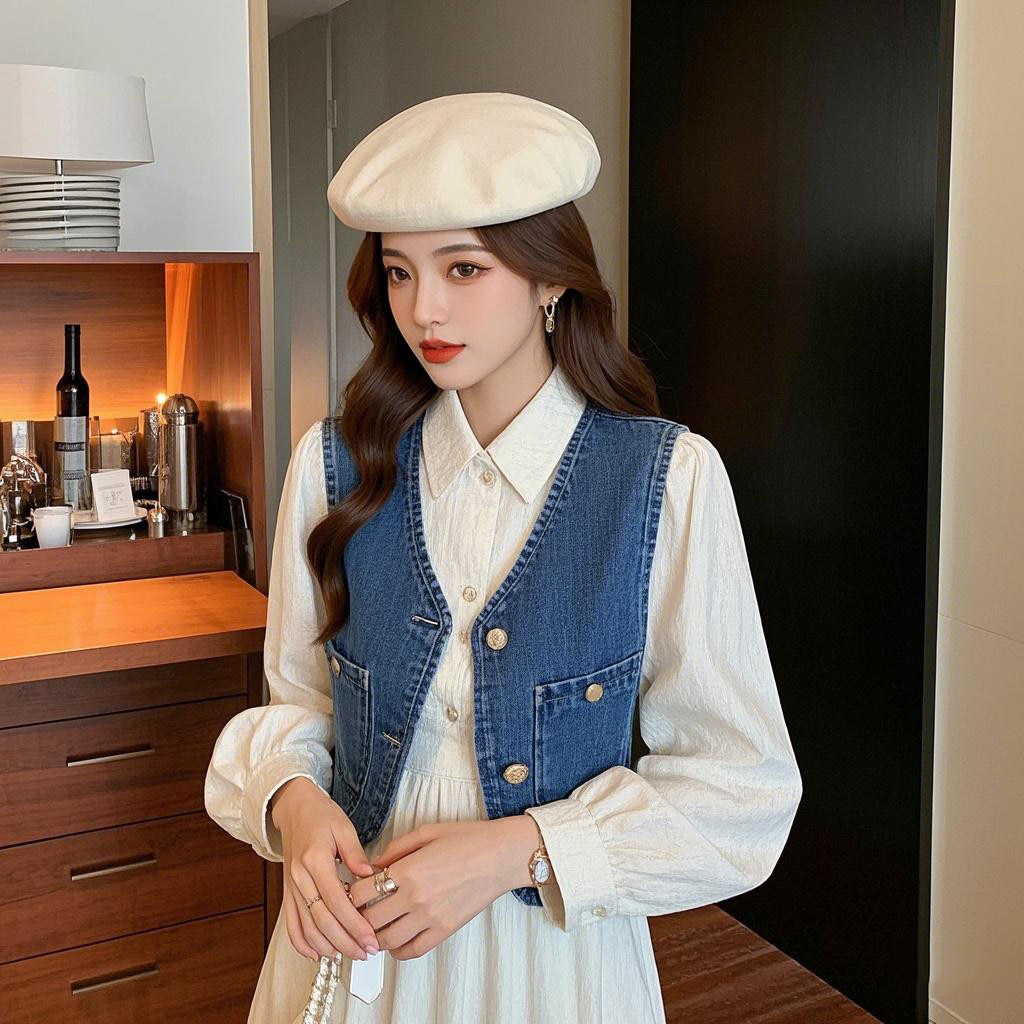 温柔时尚小香风牛仔马甲套装长裙女春秋新款法式气质两件套连衣裙